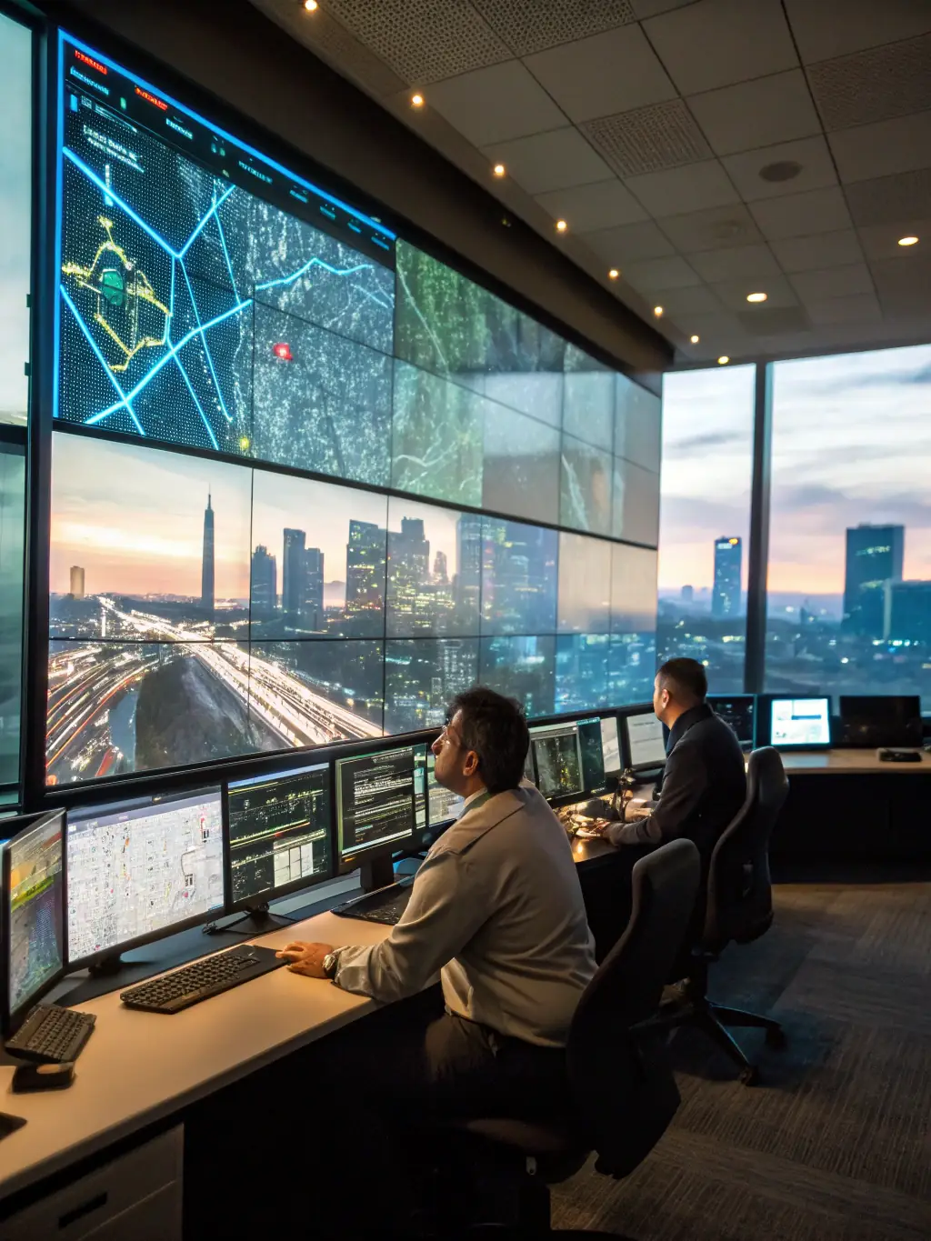 A high-angle shot of a bustling city control room, displaying multiple screens with real-time data visualizations and maps, symbolizing public safety and emergency response.