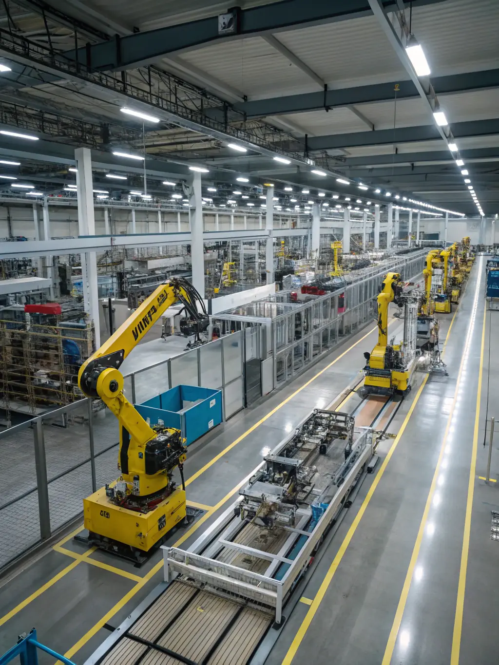 A manufacturing plant floor with robotic arms assembling products, sensors monitoring equipment performance, and data dashboards displaying production metrics.