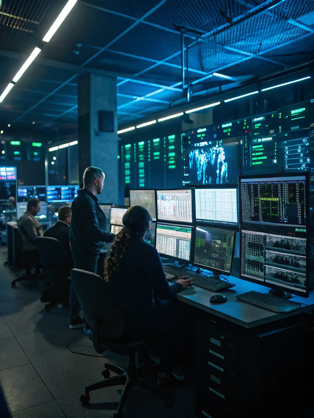 A telecommunications network operations center with engineers monitoring network performance on large displays, showcasing data streams and network maps.
