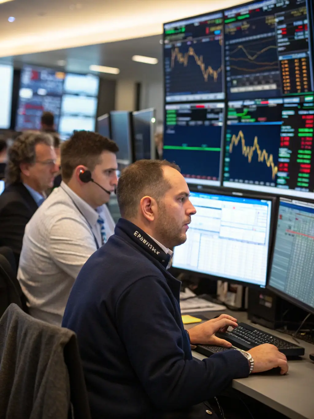 A modern financial trading floor with analysts examining market data on multiple monitors, highlighting trends and potential risks.